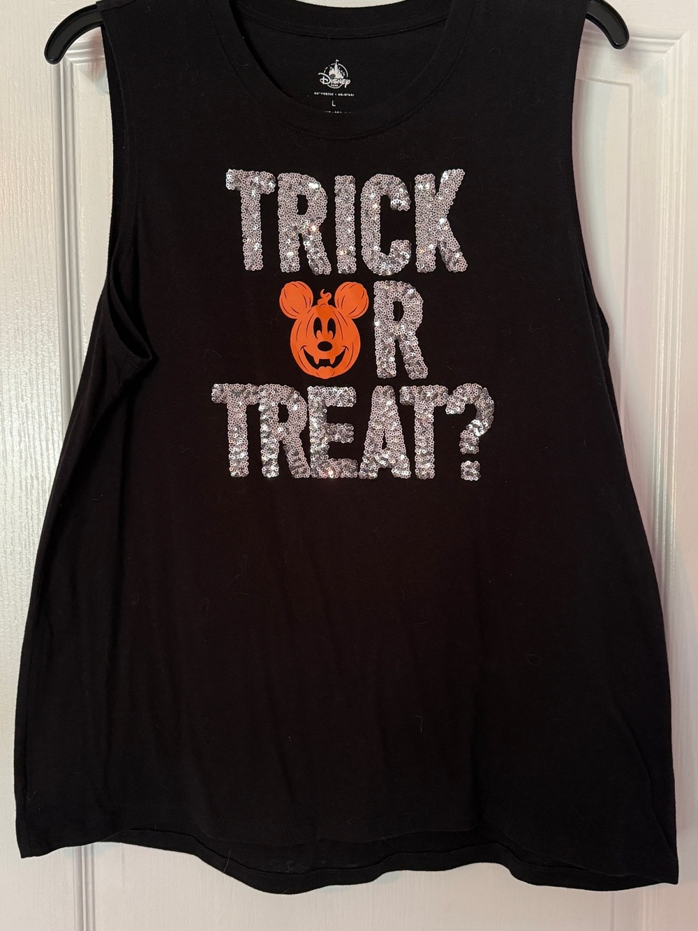 Disney Black Tank Top with Silver Sequin 'Trick or Treat?' and Orange Pumpkin